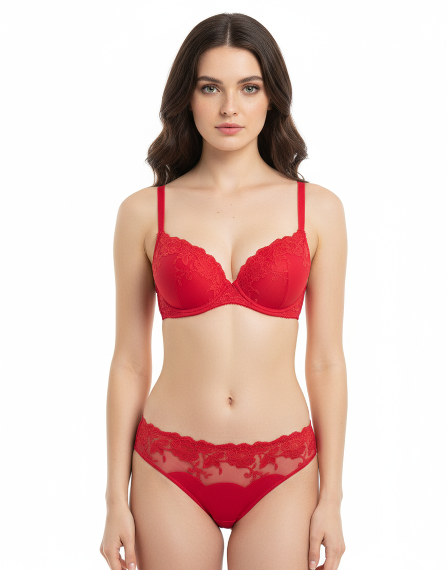 Lightly Padded Wired Fancy Lingerie Set Red