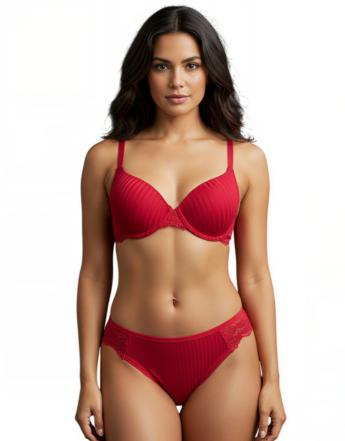 Lightly Padded Wired Lace Lingerie Set Red