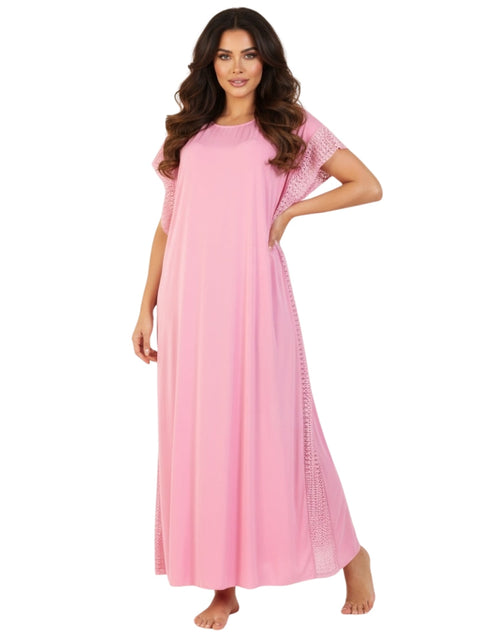 2 Piece Round Neck Lace Long Nighty Pink
