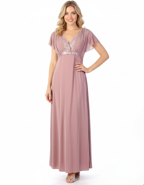2 Piece Lacy Neck Long Nighty Beige
