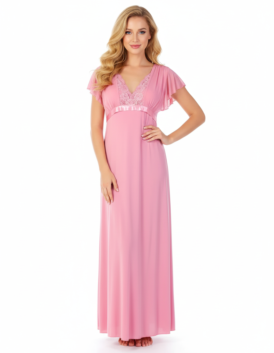 2 Piece Lacy Neck Long Nighty Baby Pink