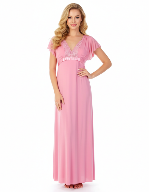2 Piece Lacy Neck Long Nighty Baby Pink