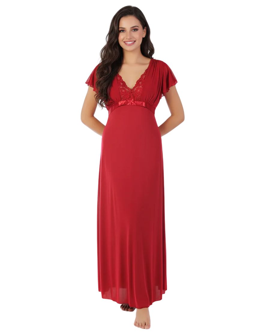 2 Piece Lacy Neck Long Nighty Maroon